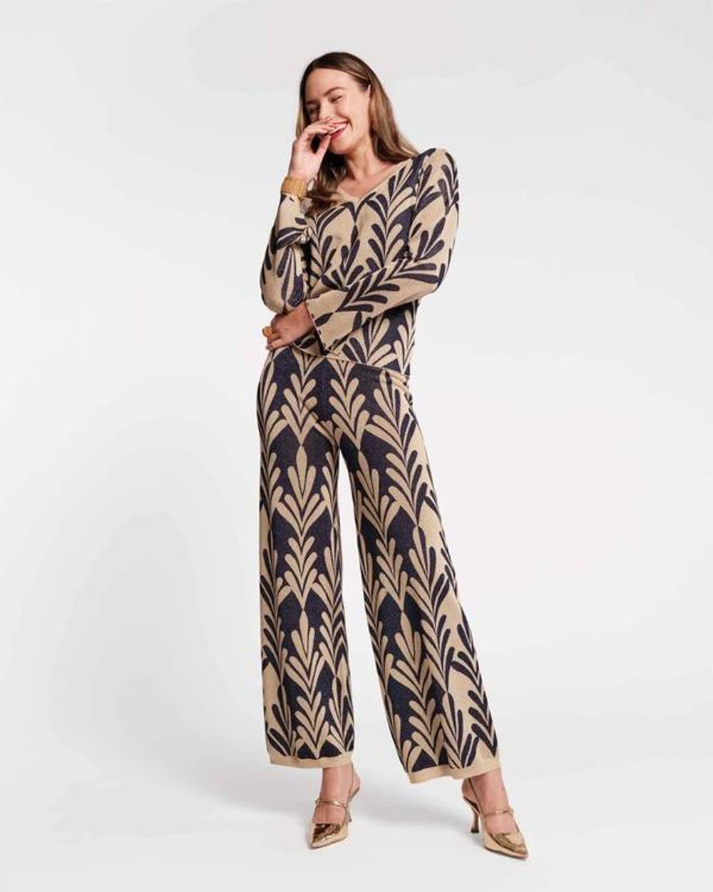 Frances Valentine Dakota Royal Palm Lurex Knit Pant in Navy Gold 4